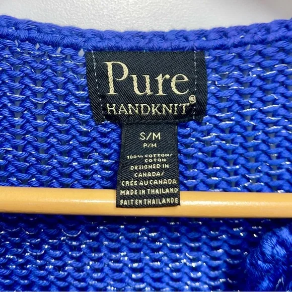 Pure Handknit Chunky Cardigan Button Up Knit Sweater Marled Blue & Silver S/M - Picture 4 of 6